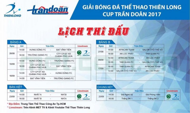 14h00 Thứ Bẩy 26/8, Trực tiếp Giải BĐ Thiên Long-Cúp Trần Doãn 2017: Hưng Dũng - Đạt Vĩnh Tiến