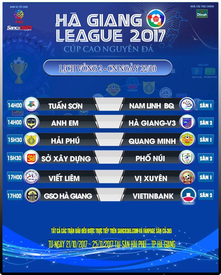 Từ 14h Chủ Nhật (22/10) TRỰC TIẾP - Sân 2: Vòng 2 Hà Giang League 2017