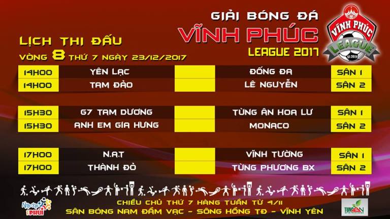 14h00 (T7 23/12) TRỰC TIẾP Vòng 8 Vĩnh Phúc League 2017