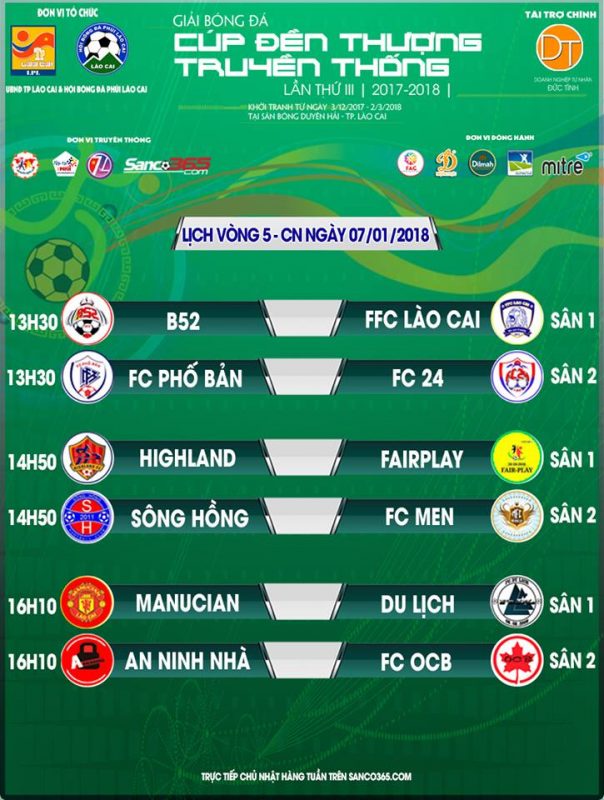 13h30 (CN-07/01) TRỰC TIẾP sân 2 Vòng 5 Lào Cai League 2017