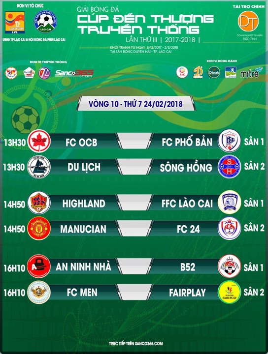 13h00 (T7-24/02) TRỰC TIẾP Sân 2 Vòng 10 Lào Cai League 2017/2018