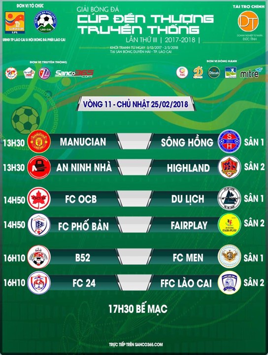 13h30 (CN-25/02) TRỰC TIẾP Sân 1 Vòng 11 & Lễ Bế Mạc Lào Cai League 2017/2018